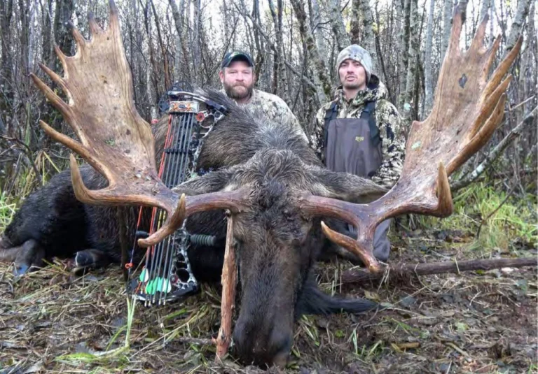 two men posing with a moose