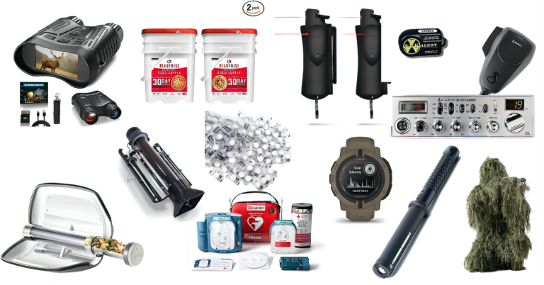 Various survival products on white background